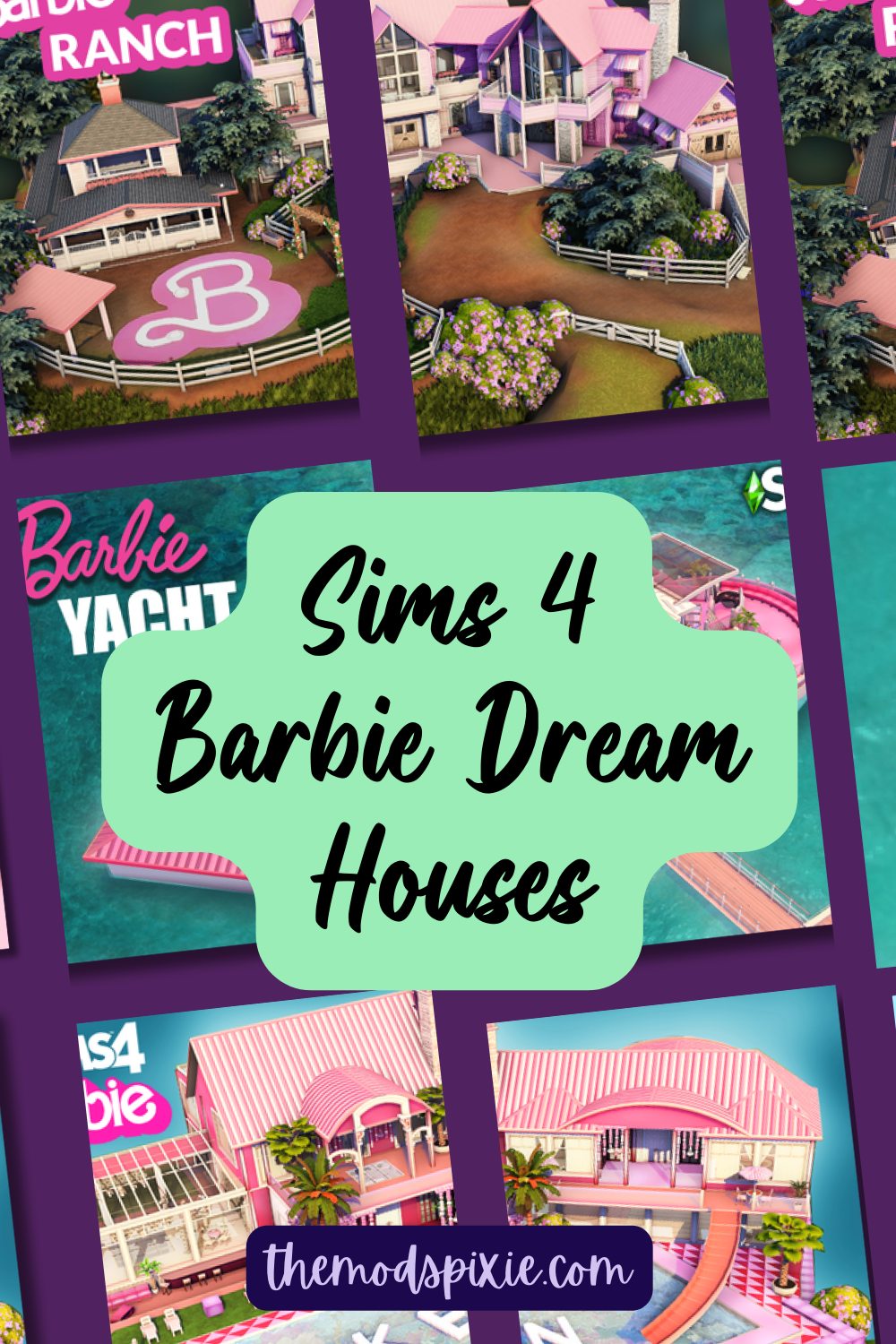 Pin image for Sims 4 Barbie Dream House build blog post