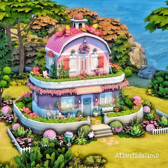 Preview image of the cute Tiny Pink House by AtlantidaSims. It's a cute, pink, circular cottage-style home.