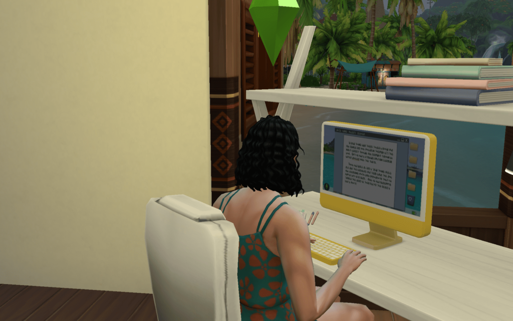 Sims 4 freelancer typing on a computer - completing a writing gig