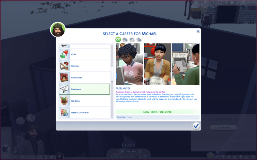How to select a freelancer gig on the Sims 4