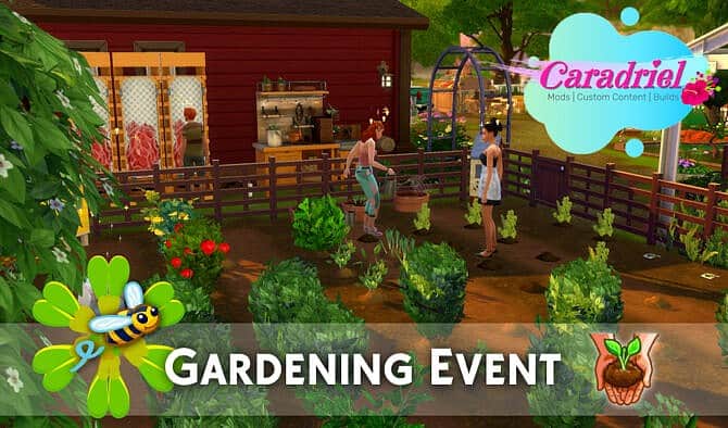 Screenshot (by Caradriel) of a Gardening Event. It features two sims gardening together in a country-esque garden.