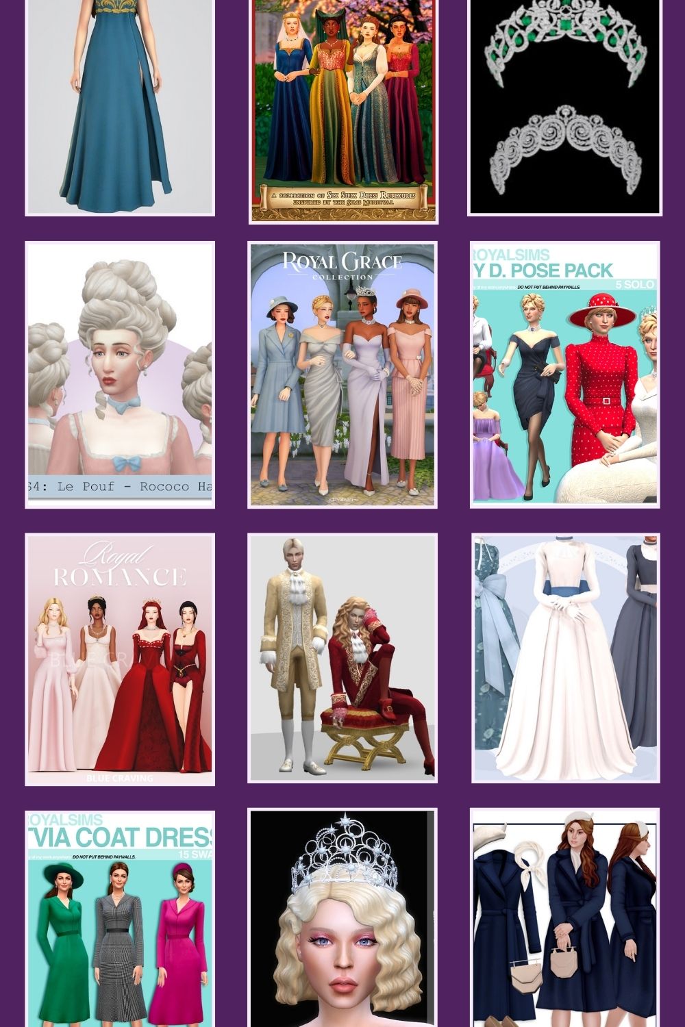Cover image for the Sims 4 royal cc blog post. features preview images for the different downloads featured in the post.